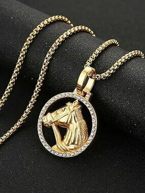 New Western Horse Necklace Stainless Steel Hip Hop Gold Head of Horse Rhinestone